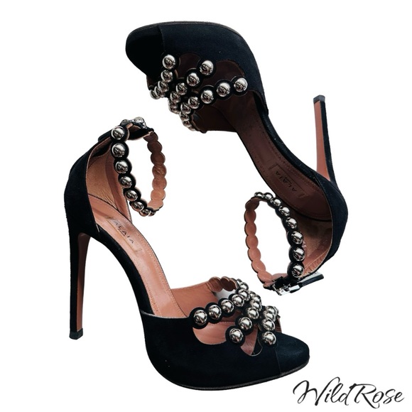 Alaia Black Suede Studded Ankle Strap Sandals Heels Size 36 - Picture 13 of 16